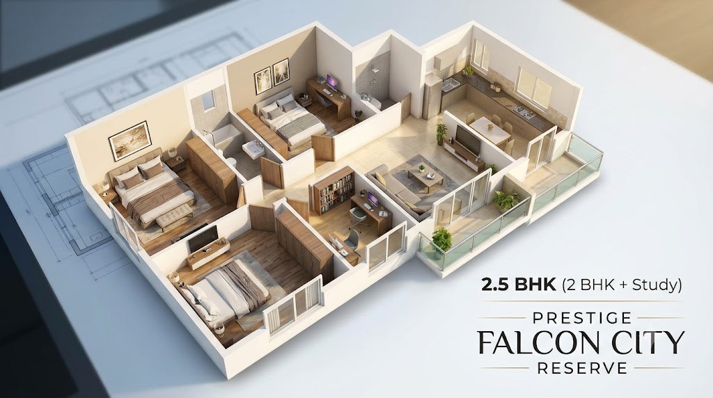 2.5 BHK (2 BHK + Study) in Prestige Falcon City Reserve hero - premium residential township with modern apartment towers and rooftop amenities in South Bangalore