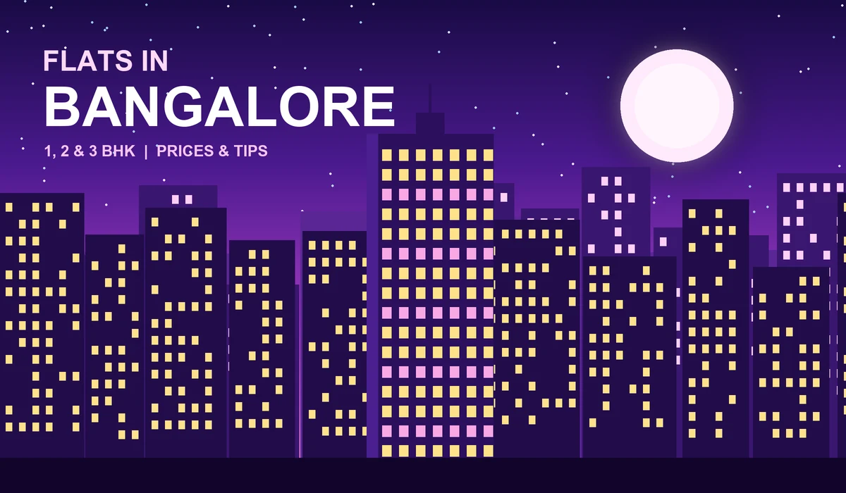 Flats in Bangalore - violet skyline of high-rise apartment towers with lit windows at dusk