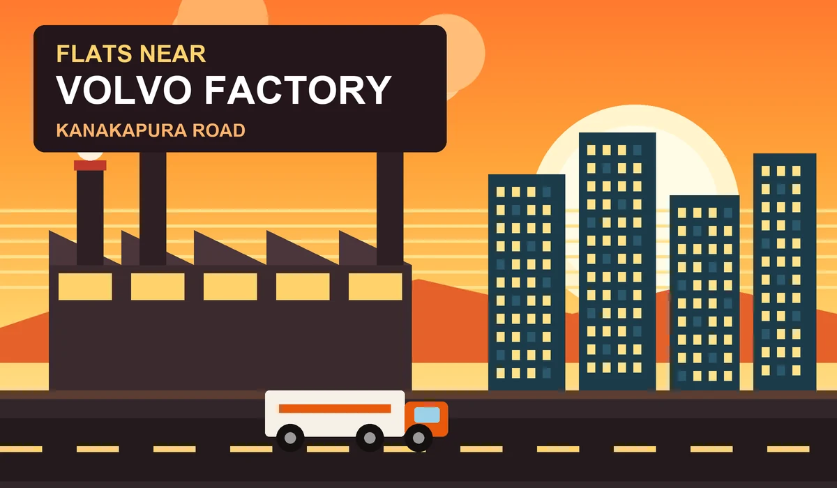 Flats near Volvo factory Kanakapura Road - sunset illustration of factory chimneys, trucks and residential towers