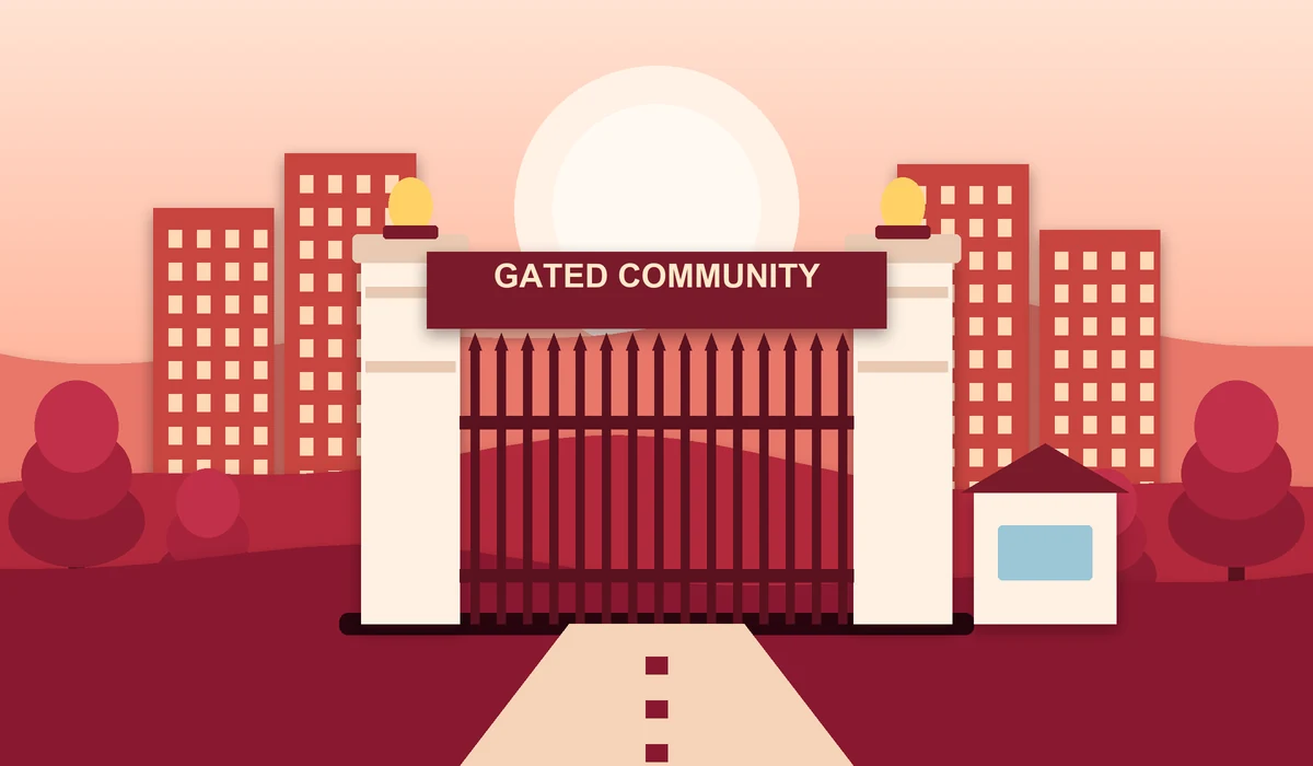Gated communities in Kanakapura Road - layered paper-cut illustration of a secure entrance gate, towers and trees