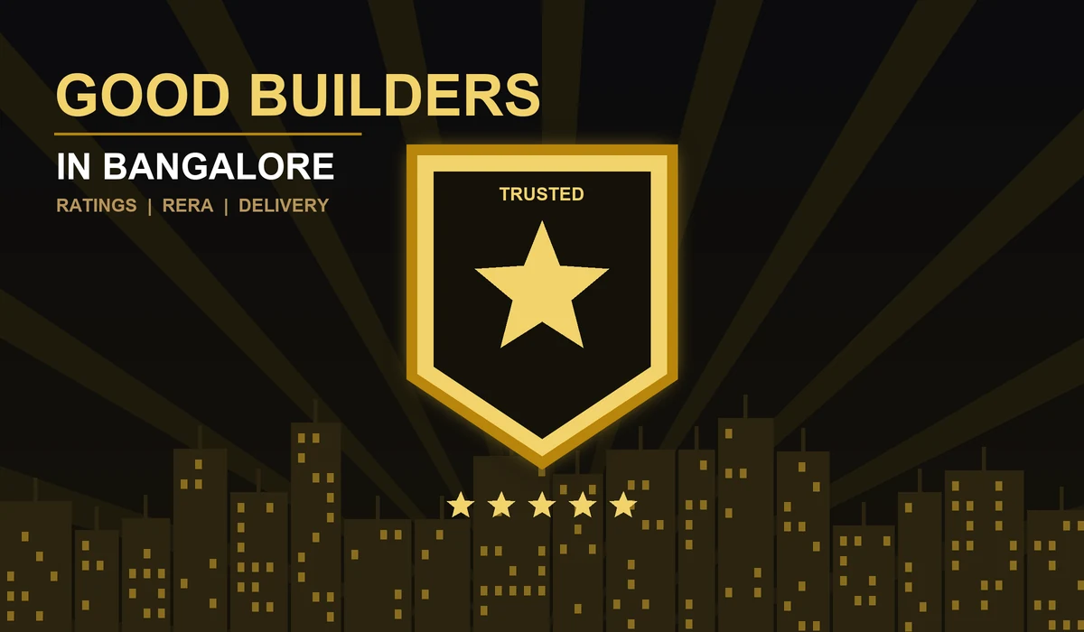 Good builders in Bangalore - black and gold art-deco badge with five stars over a city skyline