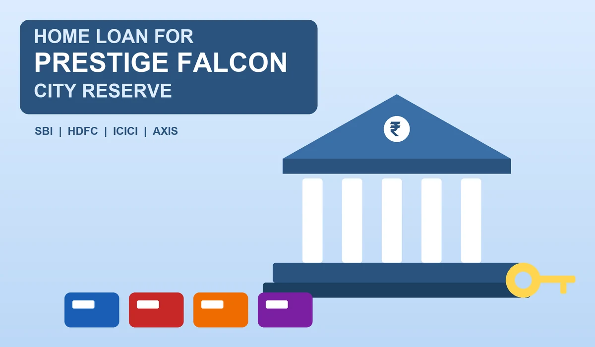 Home loan for Prestige Falcon City Reserve - pastel blue bank building with four coloured bank tiles and a house key