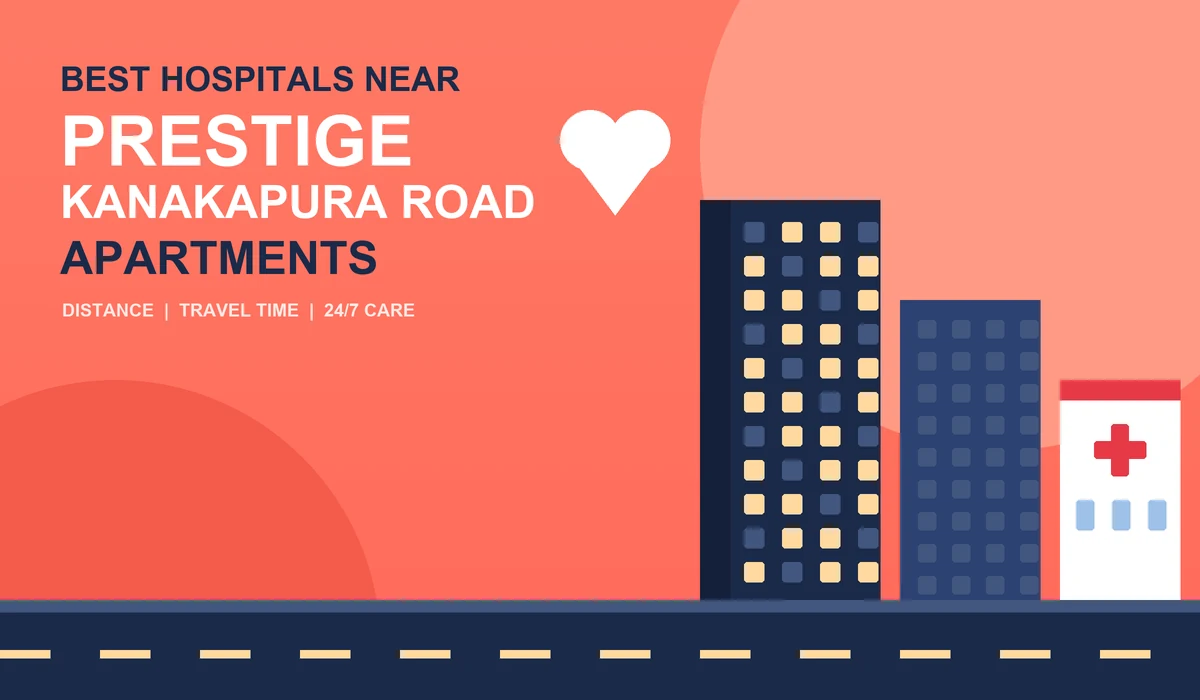 Hospitals near Prestige Kanakapura Road apartments - indigo night illustration of a hospital cross beside apartment towers