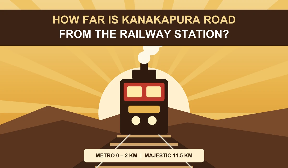 How far is Kanakapura Road from the railway station - vintage rail poster style illustration of a train and distance markers