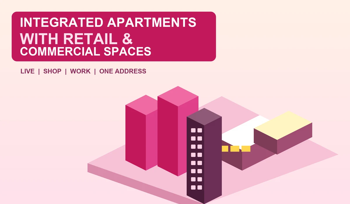 Integrated apartments with retail and commercial spaces - magenta isometric towers and shops on a cream background