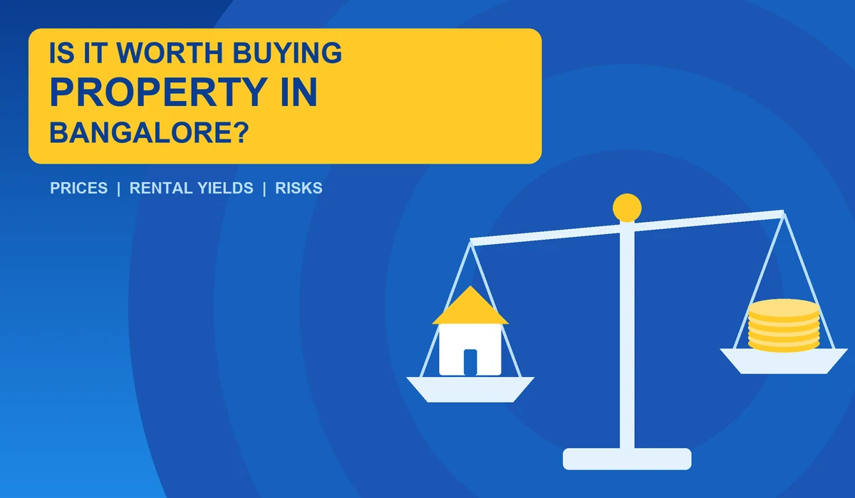 Is it worth buying property in Bangalore - cobalt blue balance scale weighing a house against coins