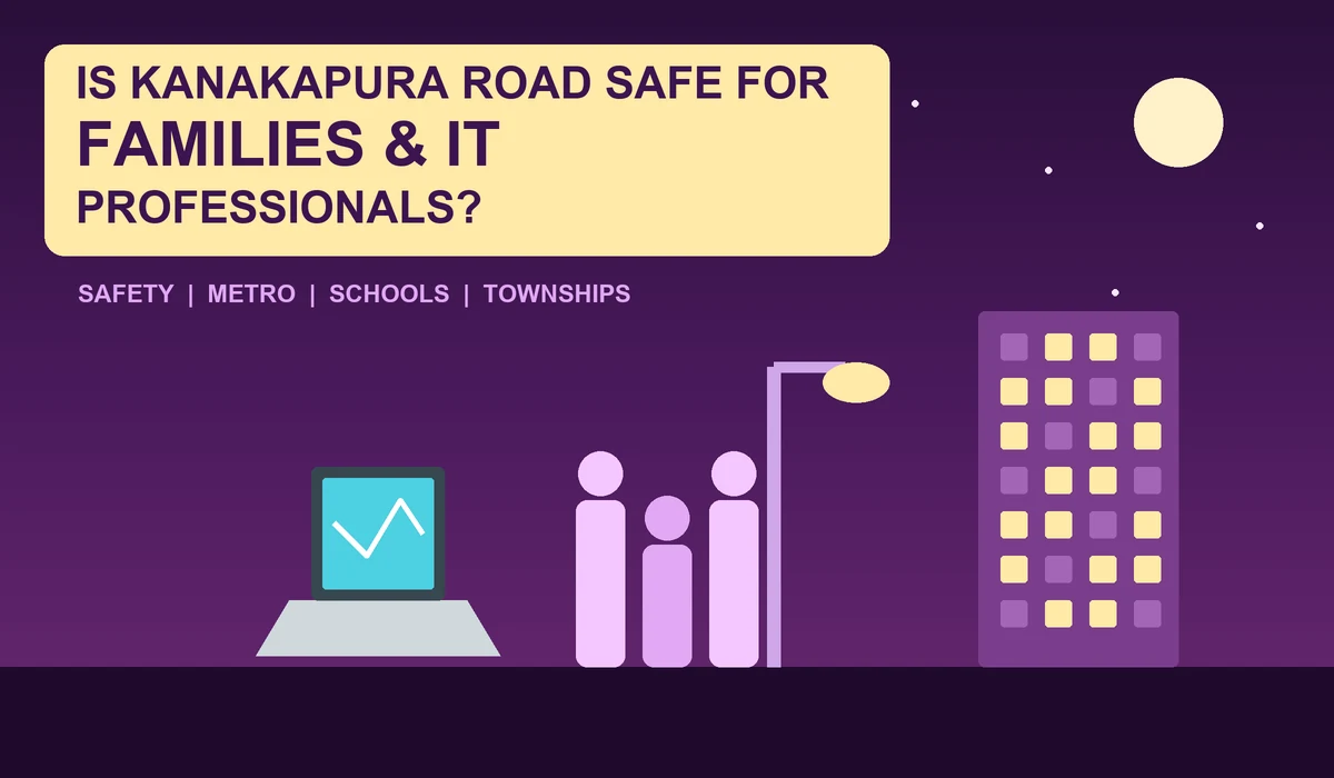 Is Kanakapura Road safe for families and IT professionals - plum night scene with a family, a laptop and a street lamp