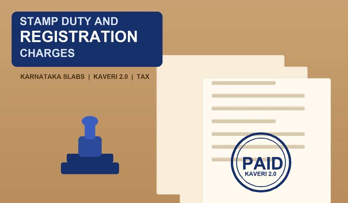 Stamp duty and registration charges for Prestige Falcon City Reserve - navy rubber stamp on kraft brown paper documents